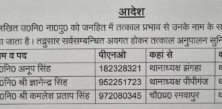 तीन थानाध्यक्षों के तबादले झंगहा, पीपीगंज और पिपराइच थानों को मिले नए प्रभारी