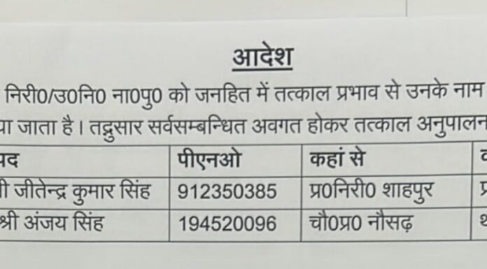 पुलिस महकमे में फेरबदल, शाहपुर और कैंट को मिले नए प्रभारी जितेंद्र कुमार सिंह बने कैंट प्रभारी, अंजय सिंह को मिली शाहपुर थाने की कमान
